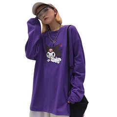 Focal20 Streetwear Devil Print Purple Women T-shirt Long Sleeve O-Neck T Shirt Causal Loose Spring Autumn Tee Top