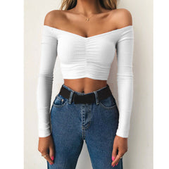 Sexy Off Shoulder Women T-Shirt Summer Autumn Casual Long Sleeve Pullover Tops Slim bodycon Fashion basic Shirt Crop Tops