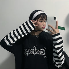 Lychee Harajuku Patchwork Striped Women T-shirt Fake 2 Pieces Women T Shirt Letter Print Long Sleeve Lady T-shirts