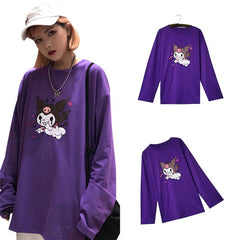 Lychee Trendy Cartoon Demon Print Purple Women T-Shirt Long Sleeve O-Neck Female T Shirt Casual Loose Tee Top