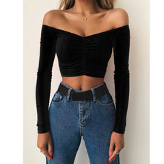 Sexy Off Shoulder Women T-Shirt Summer Autumn Casual Long Sleeve Pullover Tops Slim bodycon Fashion basic Shirt Crop Tops