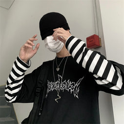 Lychee Harajuku Patchwork Striped Women T-shirt Fake 2 Pieces Women T Shirt Letter Print Long Sleeve Lady T-shirts