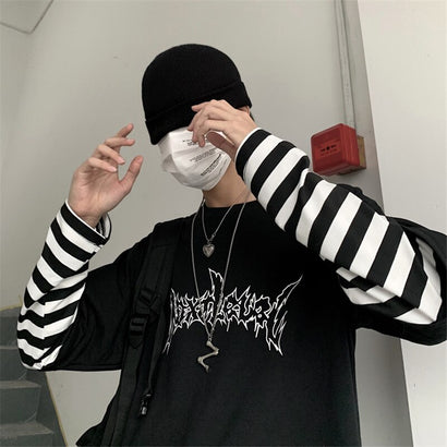 Lychee Harajuku Patchwork Striped Women T-shirt Fake 2 Pieces Women T Shirt Letter Print Long Sleeve Lady T-shirts