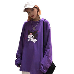 Focal20 Streetwear Devil Print Purple Women T-shirt Long Sleeve O-Neck T Shirt Causal Loose Spring Autumn Tee Top