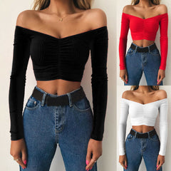 Sexy Off Shoulder Women T-Shirt Summer Autumn Casual Long Sleeve Pullover Tops Slim bodycon Fashion basic Shirt Crop Tops