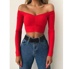 Sexy Off Shoulder Women T-Shirt Summer Autumn Casual Long Sleeve Pullover Tops Slim bodycon Fashion basic Shirt Crop Tops