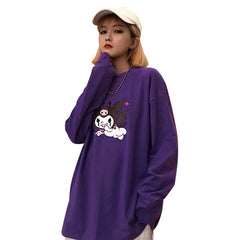 Lychee Trendy Cartoon Demon Print Purple Women T-Shirt Long Sleeve O-Neck Female T Shirt Casual Loose Tee Top