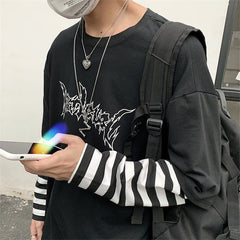 Lychee Harajuku Patchwork Striped Women T-shirt Fake 2 Pieces Women T Shirt Letter Print Long Sleeve Lady T-shirts