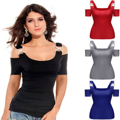 Women T-shirt Solid Off Shoulder Tops Metal Buckle Strap Summer Short Sleeve Sexy Tops Female Tees Solid Tshirt Ropa Mujer 2020