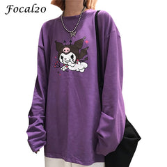 Focal20 Streetwear Devil Print Purple Women T-shirt Long Sleeve O-Neck T Shirt Causal Loose Spring Autumn Tee Top