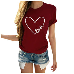 Women T-Shirt Summer Valentine's Day Casual Short Sleeve O Neck Letter Print Heart-shaped Tops t shirts women summer