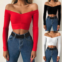 Sexy Off Shoulder Women T-Shirt Summer Autumn Casual Long Sleeve Pullover Tops Slim bodycon Fashion basic Shirt Crop Tops