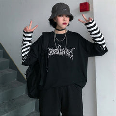 Lychee Harajuku Patchwork Striped Women T-shirt Fake 2 Pieces Women T Shirt Letter Print Long Sleeve Lady T-shirts