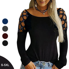 Hollow Out Women T-shirt Tops Autumn Fall Long Sleeve Casual Solid Lady T Shirt Tee Shirt Female Tops Plus Size S - 5XL D30