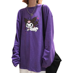 Lychee Trendy Cartoon Demon Print Purple Women T-Shirt Long Sleeve O-Neck Female T Shirt Casual Loose Tee Top