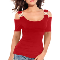 Women T-shirt Solid Off Shoulder Tops Metal Buckle Strap Summer Short Sleeve Sexy Tops Female Tees Solid Tshirt Ropa Mujer 2020