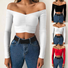 Sexy Off Shoulder Women T-Shirt Summer Autumn Casual Long Sleeve Pullover Tops Slim bodycon Fashion basic Shirt Crop Tops